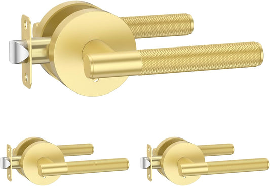 3 Pack Brushed Gold Knurled Door Handles - Heavy Duty Interior Privacy Lever for Bedroom/Bathroom, Reversible Keyless Design for Left/Right Handed Doors by Amerdeco