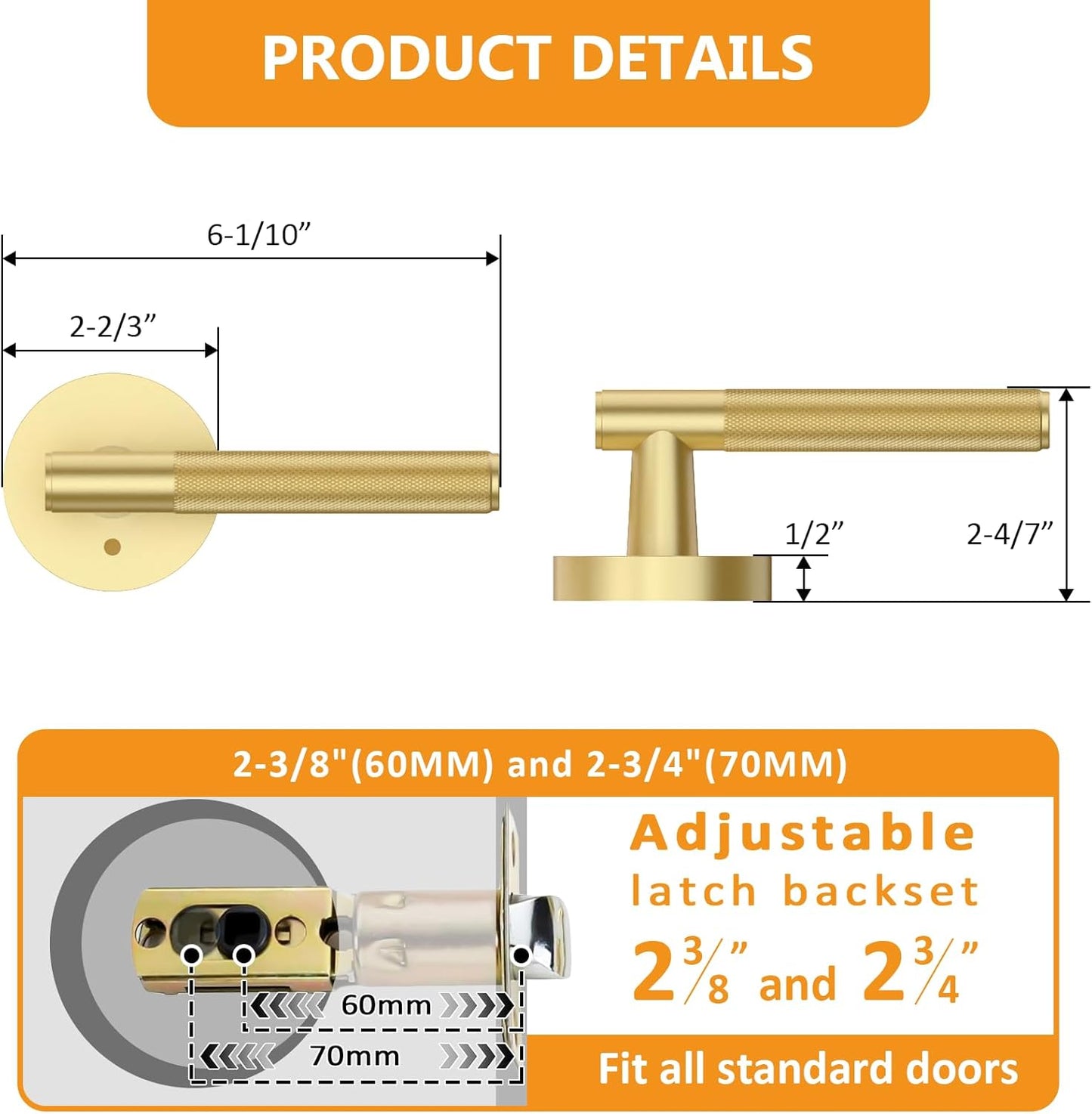 3 Pack Brushed Gold Knurled Door Handles - Heavy Duty Interior Privacy Lever for Bedroom/Bathroom, Reversible Keyless Design for Left/Right Handed Doors by Amerdeco