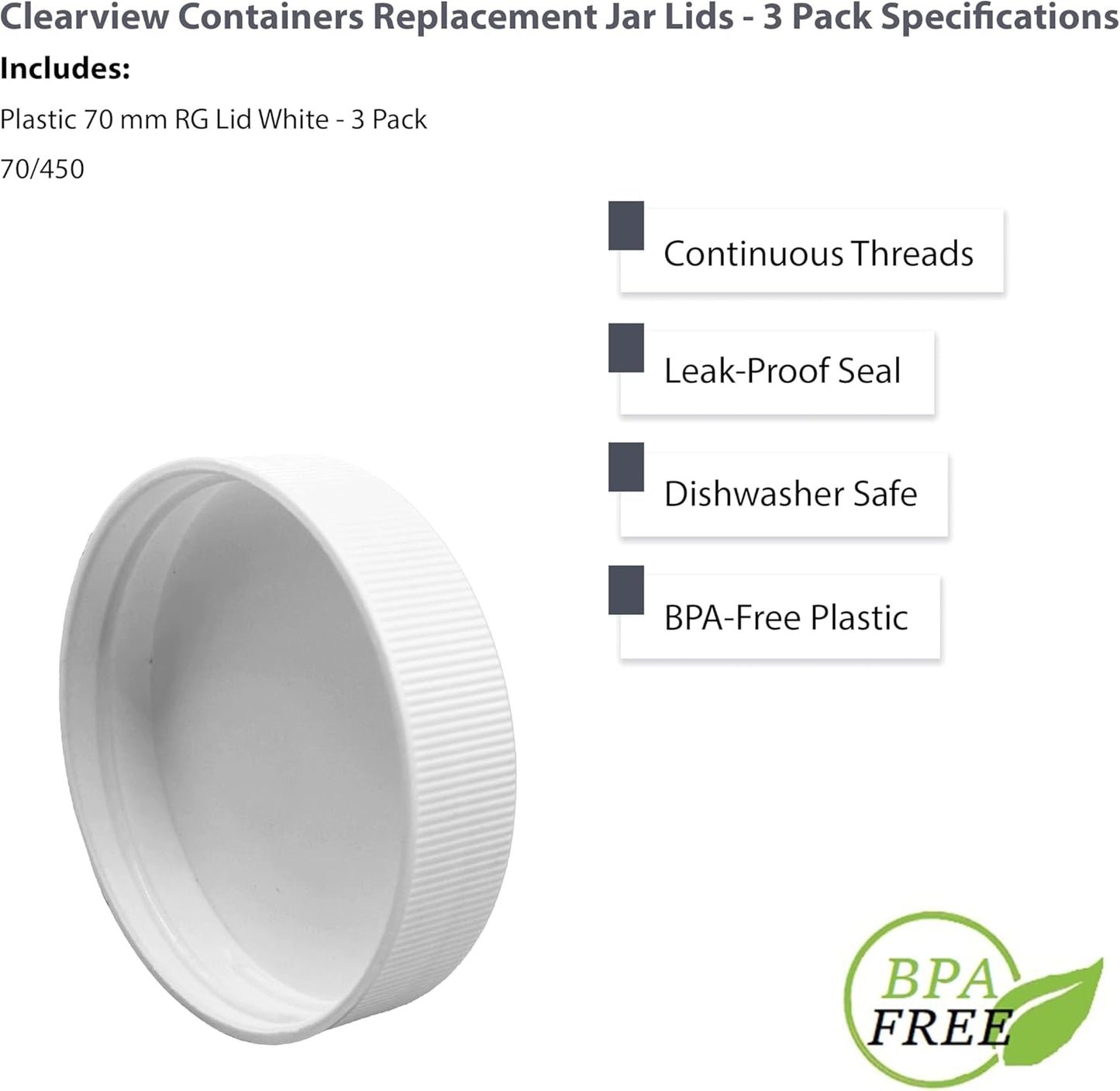 3 Pack Clearview Containers 70-450 RG Food Grade Jar Lids with Foam Liner - Leakproof Plastic Replacements