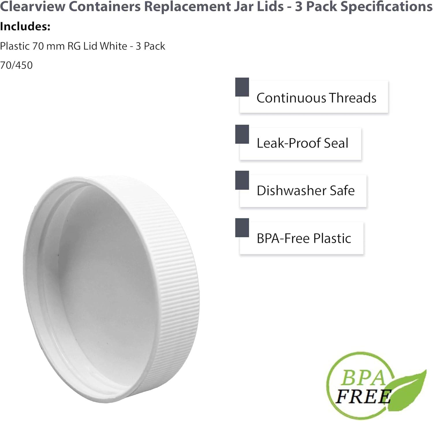3 Pack Clearview Containers 70-450 RG Food Grade Jar Lids with Foam Liner - Leakproof Plastic Replacements