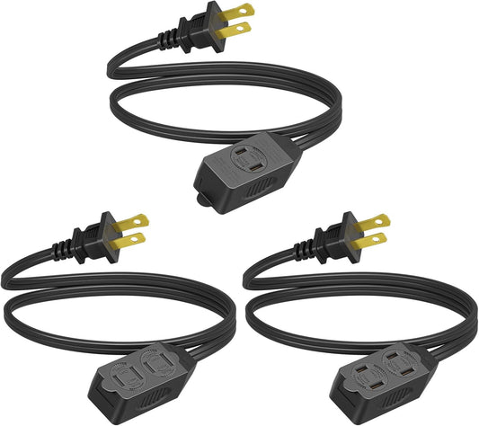3 Pack DEWENWILS Black 3 Outlet 2 Prong Extension Power Strip with 3ft 16 AWG Power Cord - UL Listed for Indoor Use