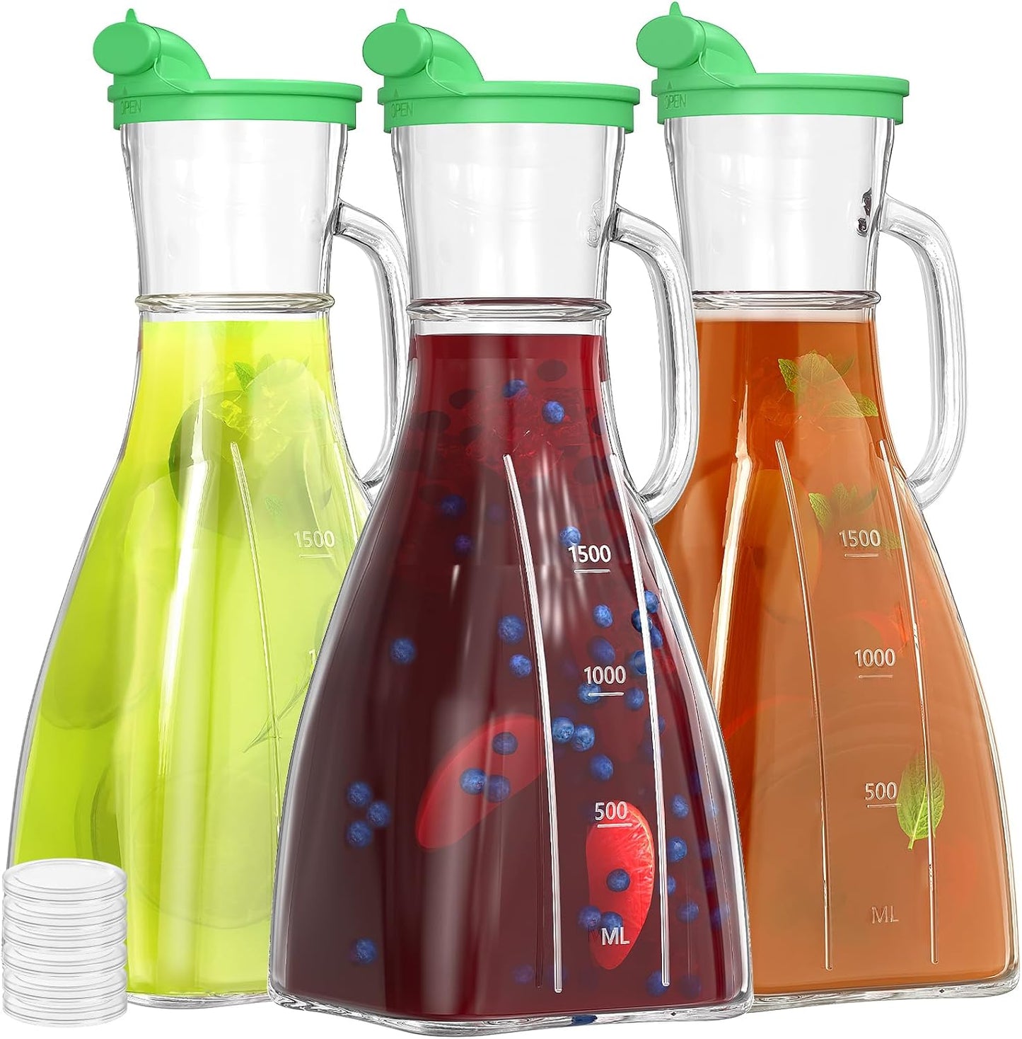 3-Pack Glass Pitcher Set with Silicone Spouts and Extra PE Lids - 2 Quart Square Juice Carafes for Parties, Mimosa Bars, and Sun Tea - 64 Oz Water Jugs for Various Beverages