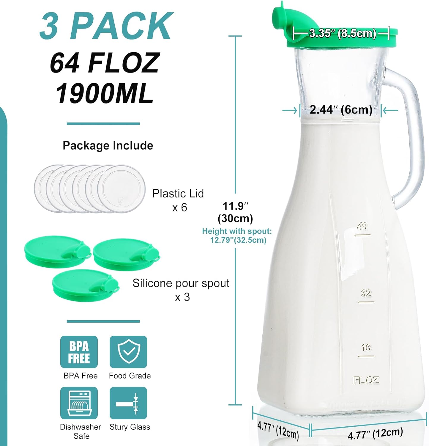 3-Pack Glass Pitcher Set with Silicone Spouts and Extra PE Lids - 2 Quart Square Juice Carafes for Parties, Mimosa Bars, and Sun Tea - 64 Oz Water Jugs for Various Beverages