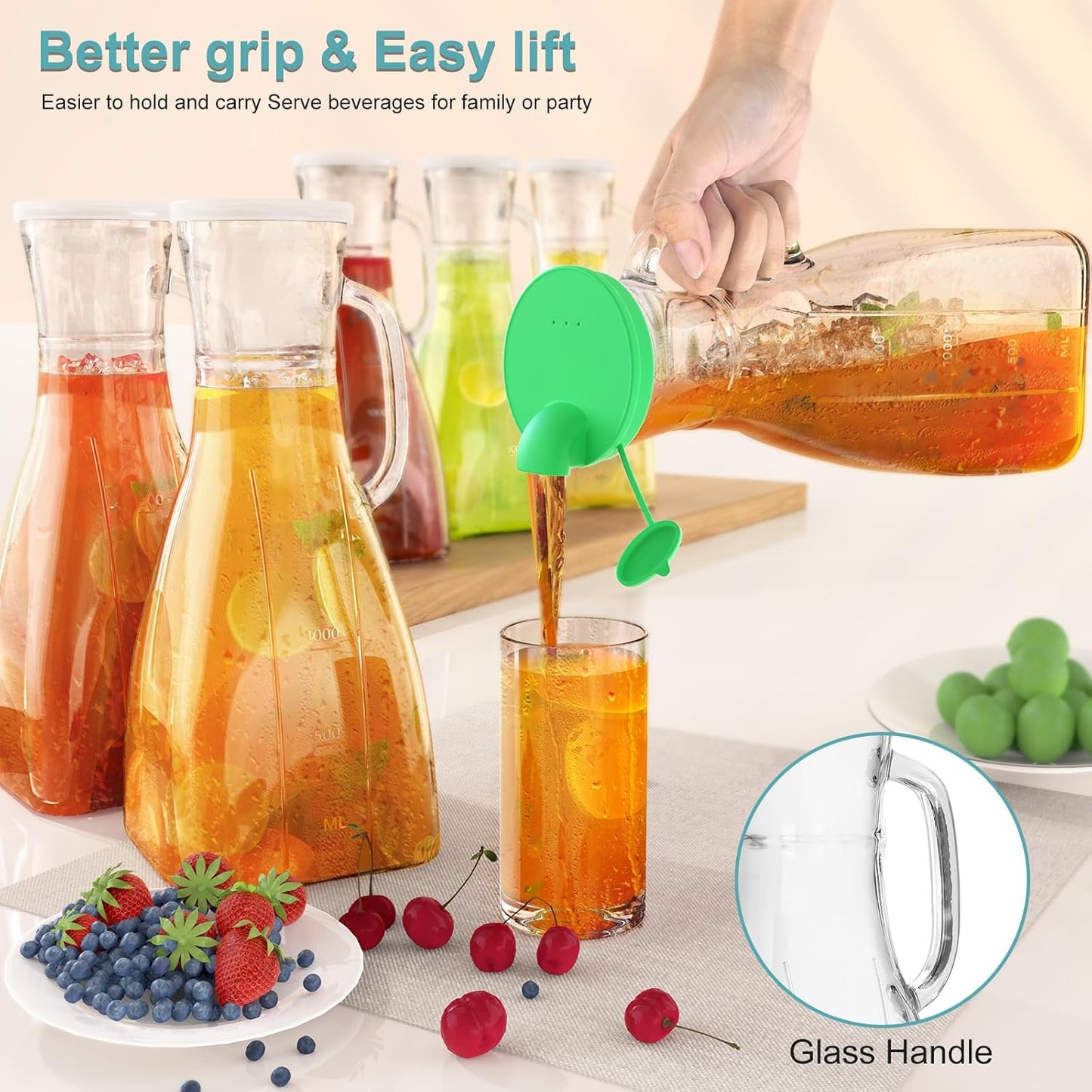 3-Pack Glass Pitcher Set with Silicone Spouts and Extra PE Lids - 2 Quart Square Juice Carafes for Parties, Mimosa Bars, and Sun Tea - 64 Oz Water Jugs for Various Beverages