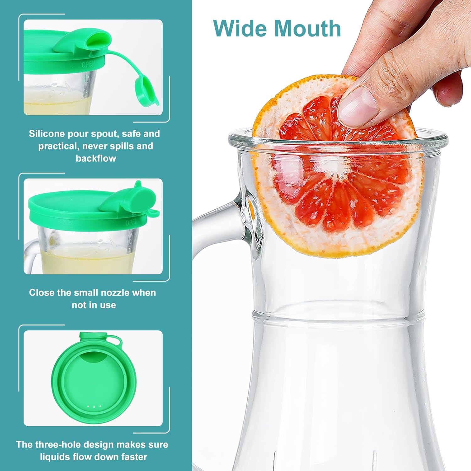 3-Pack Glass Pitcher Set with Silicone Spouts and Extra PE Lids - 2 Quart Square Juice Carafes for Parties, Mimosa Bars, and Sun Tea - 64 Oz Water Jugs for Various Beverages