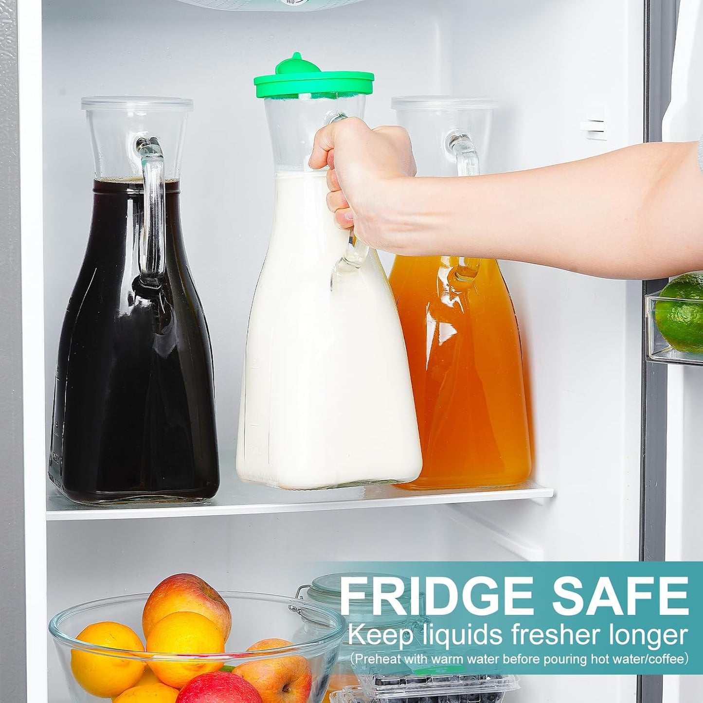 3-Pack Glass Pitcher Set with Silicone Spouts and Extra PE Lids - 2 Quart Square Juice Carafes for Parties, Mimosa Bars, and Sun Tea - 64 Oz Water Jugs for Various Beverages