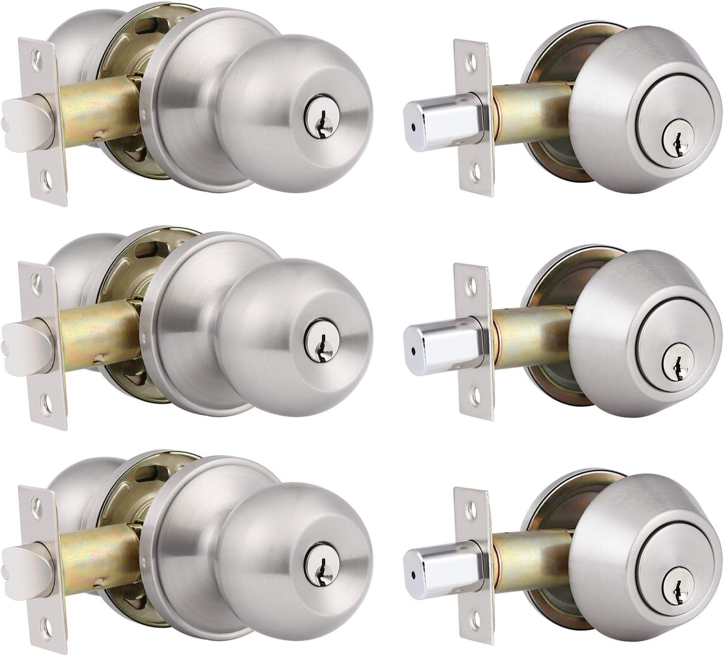 3 Pack Keyed Alike Entry Door Knobs and Deadbolt Lock Combo Set - Security for Front Door - Satin Nickel Finish