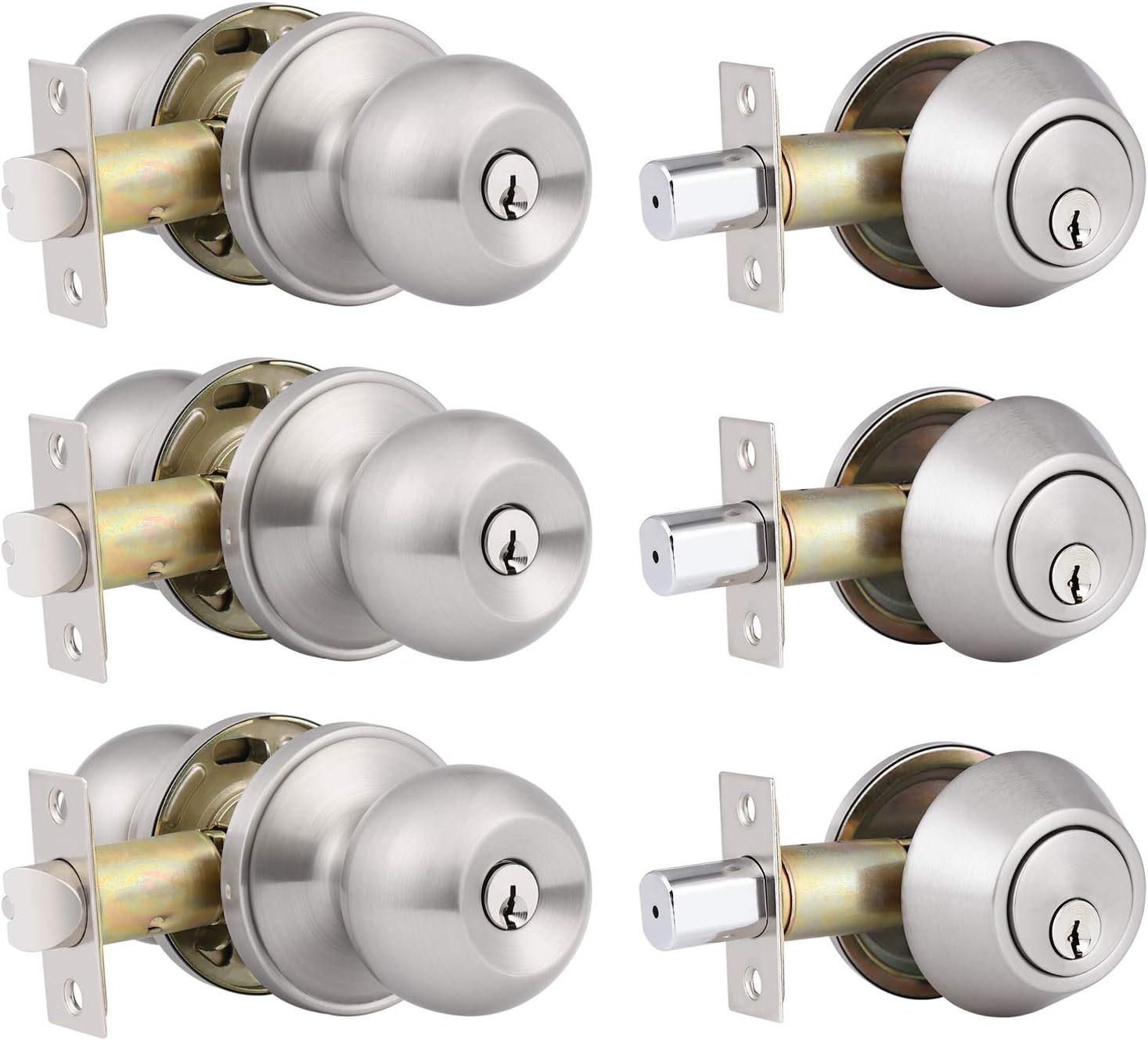 3 Pack Keyed Alike Entry Door Knobs and Deadbolt Lock Combo Set - Security for Front Door - Satin Nickel Finish