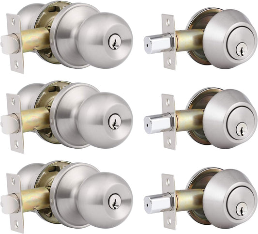 3 Pack Keyed Alike Entry Door Knobs and Deadbolt Lock Combo Set - Security for Front Door - Satin Nickel Finish