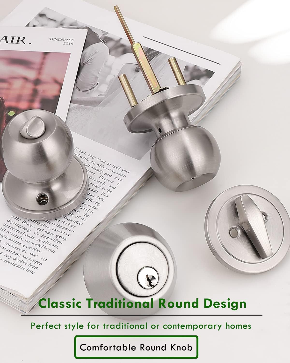 3 Pack Keyed Alike Entry Door Knobs and Deadbolt Lock Combo Set - Security for Front Door - Satin Nickel Finish