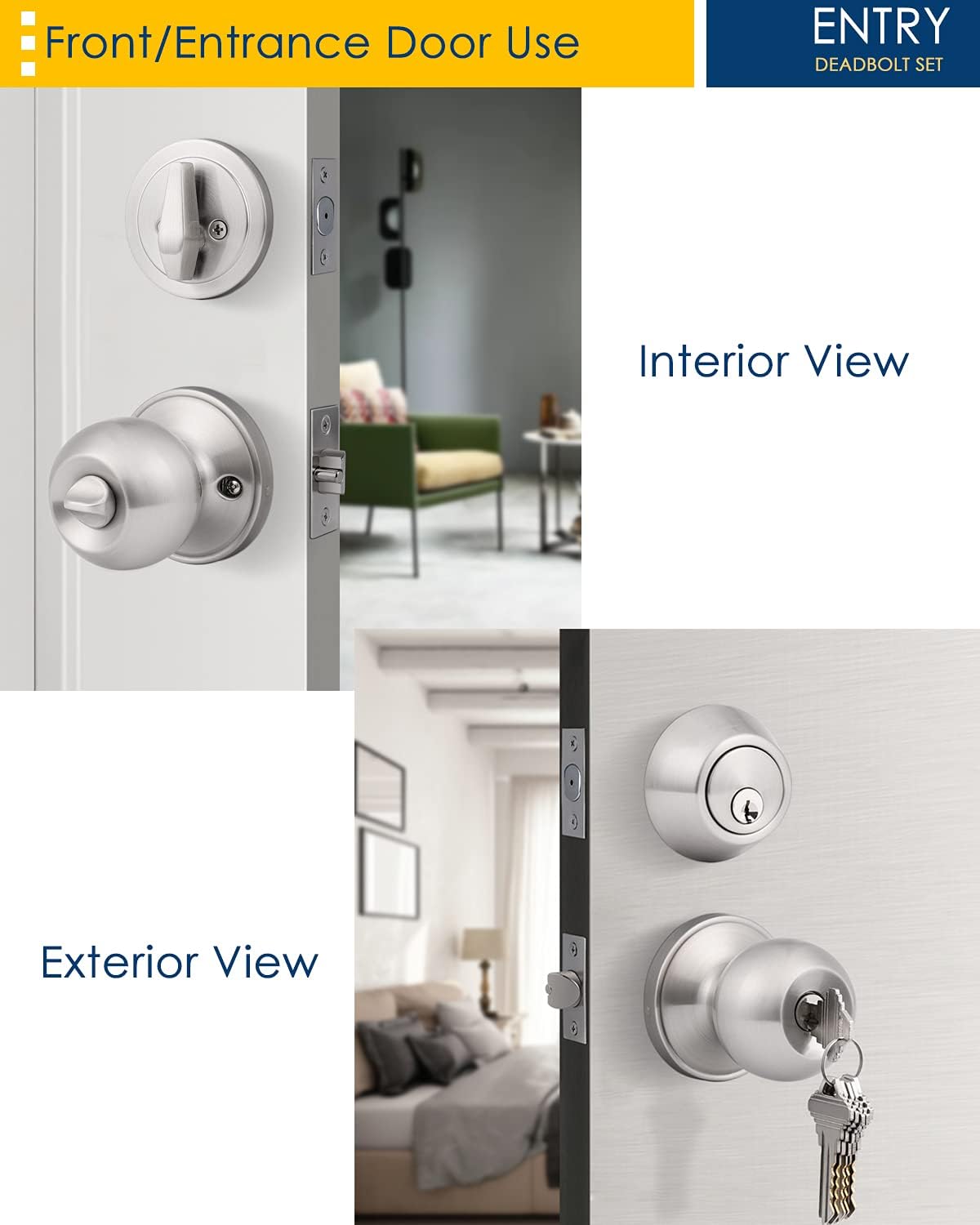 3 Pack Keyed Alike Entry Door Knobs and Deadbolt Lock Combo Set - Security for Front Door - Satin Nickel Finish
