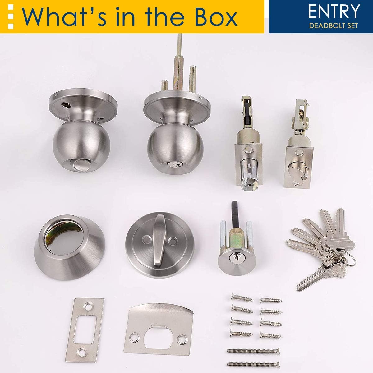 3 Pack Keyed Alike Entry Door Knobs and Deadbolt Lock Combo Set - Security for Front Door - Satin Nickel Finish