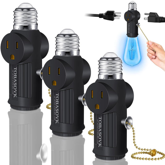 3 Pack Light Socket to Plug Adapter with Switch Control - E26/E27 Bulb Outlet Socket Adapter, Black - 3 Prong Support on Both Sides