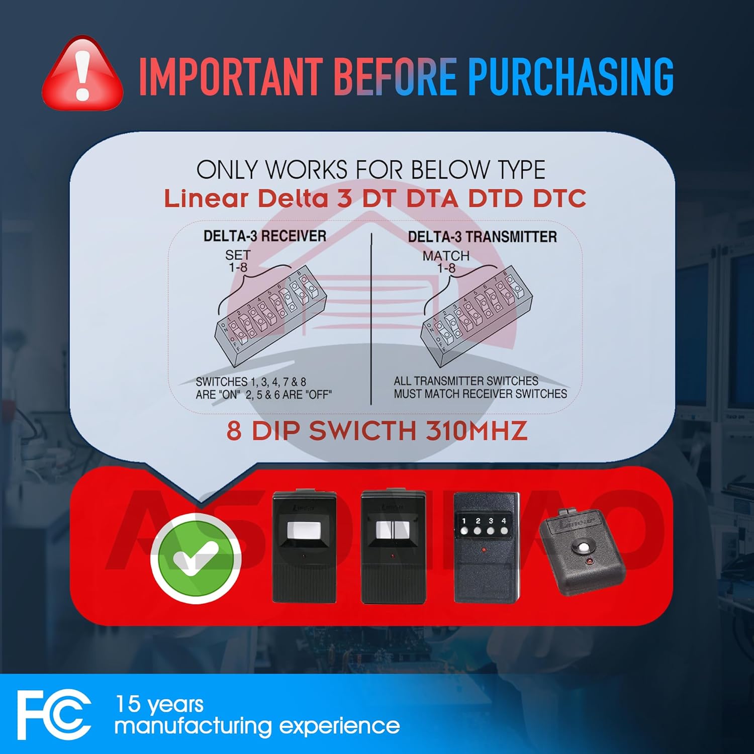 3-Pack Linear DTC Delta 3 Remote Garage Door Transmitter with 8 Dip Switches 310MHZ - ASONPAO - 3-Year Warranty