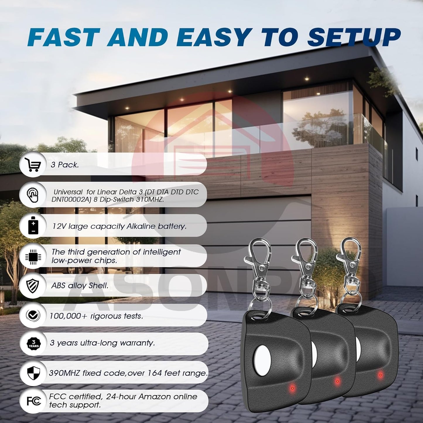 3-Pack Linear DTC Delta 3 Remote Garage Door Transmitter with 8 Dip Switches 310MHZ - ASONPAO - 3-Year Warranty