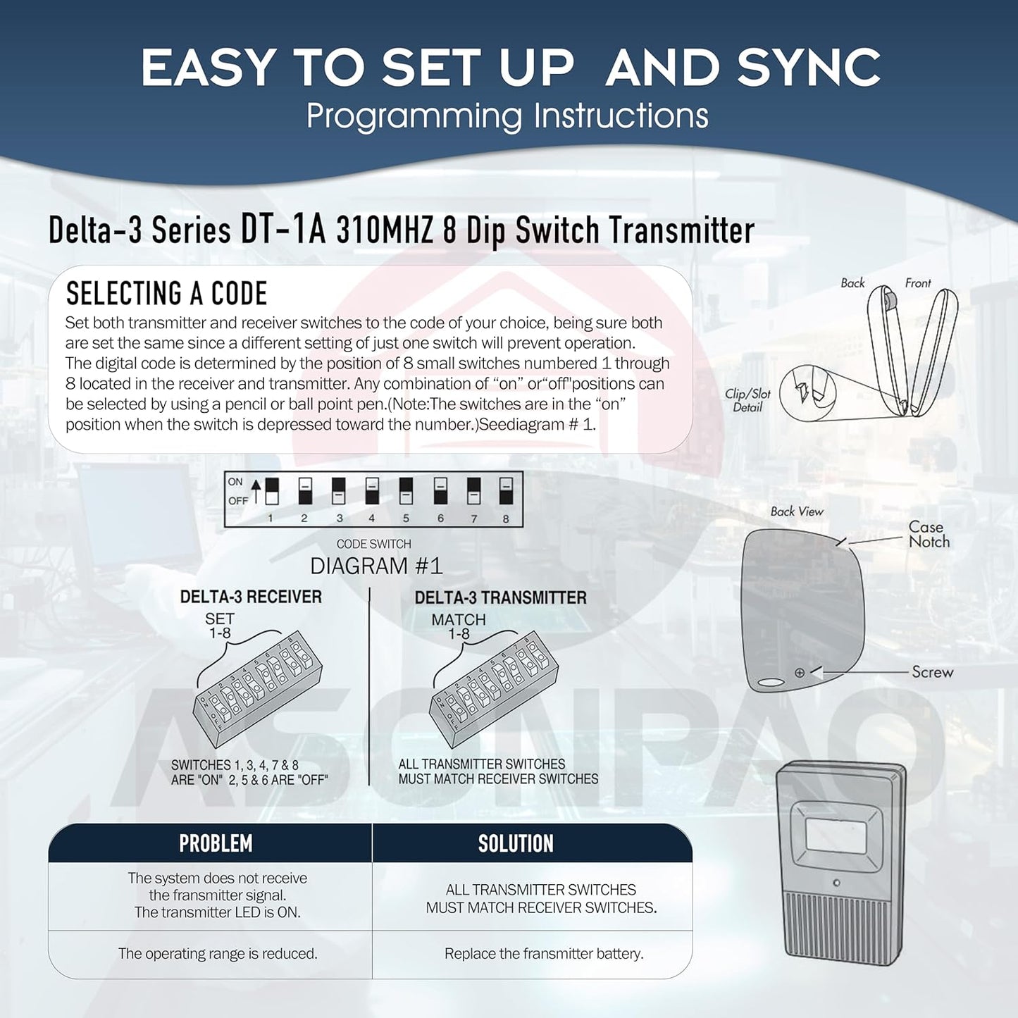 3-Pack Linear DTC Delta 3 Remote Garage Door Transmitter with 8 Dip Switches 310MHZ - ASONPAO - 3-Year Warranty