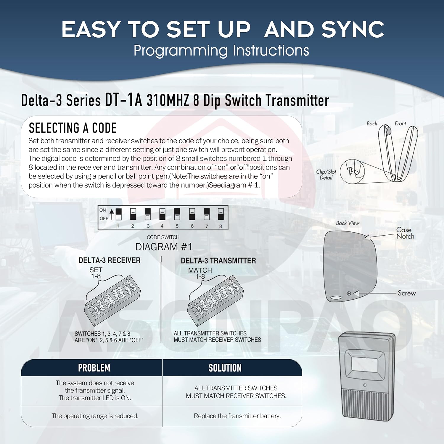 3-Pack Linear DTC Delta 3 Remote Garage Door Transmitter with 8 Dip Switches 310MHZ - ASONPAO - 3-Year Warranty