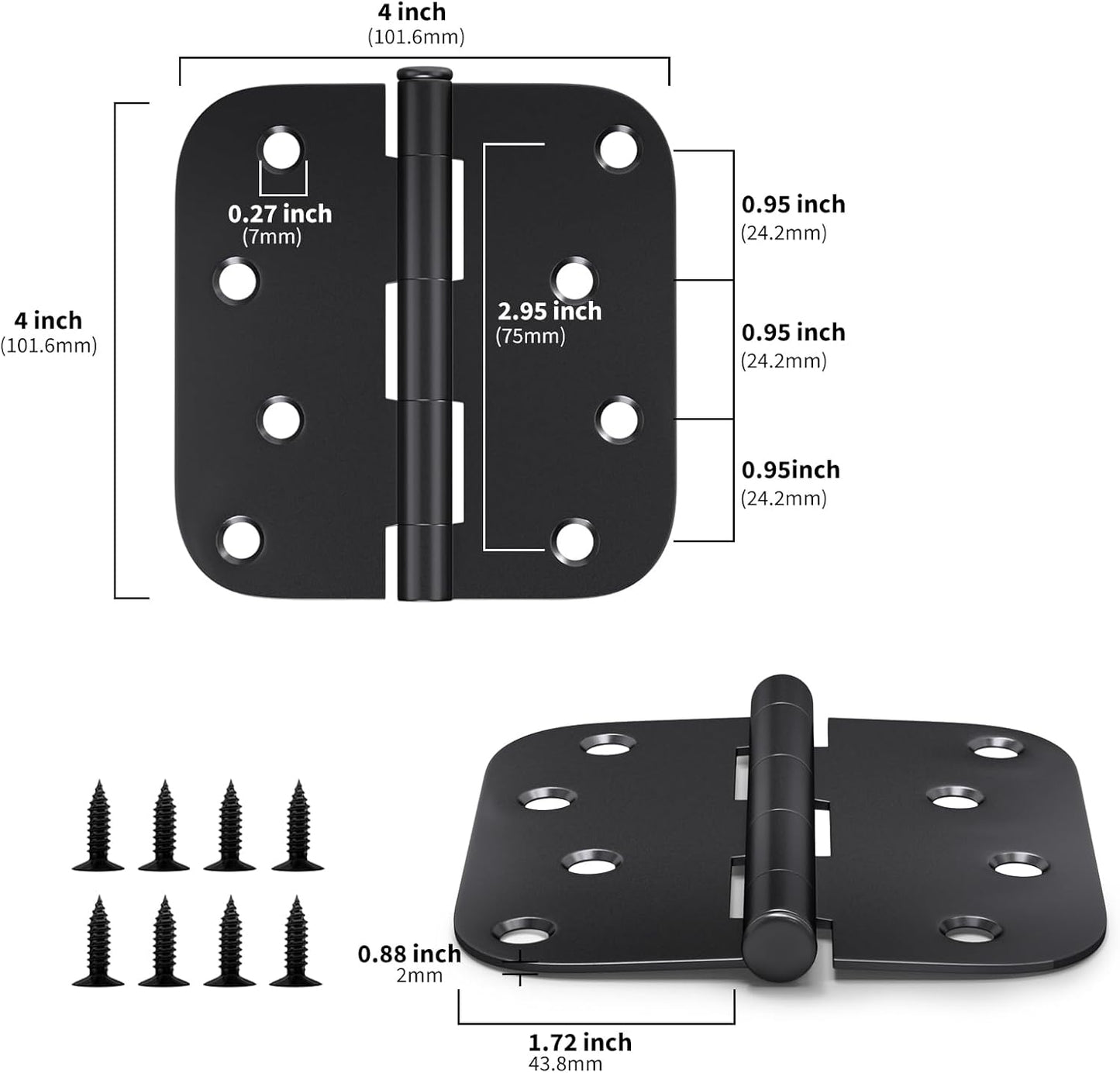 3 Pack Matte Black 4 Inch Door Hinges with 5/8" Radius Corners - Heavy-Duty Hardware for Interior and Exterior Doors