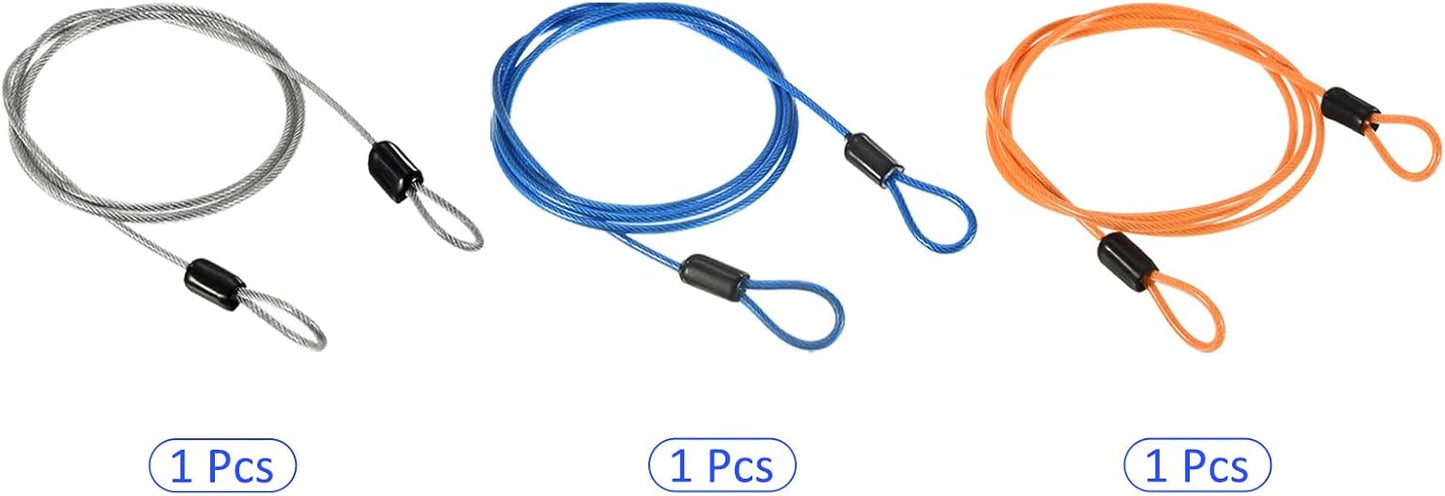 3 Pack METERXITY Security Cables - Plastic Coated Steel Locking Rope for Outdoor, Bicycle, Travel - 2.5mmx1m - Blue, Transparent, Orange