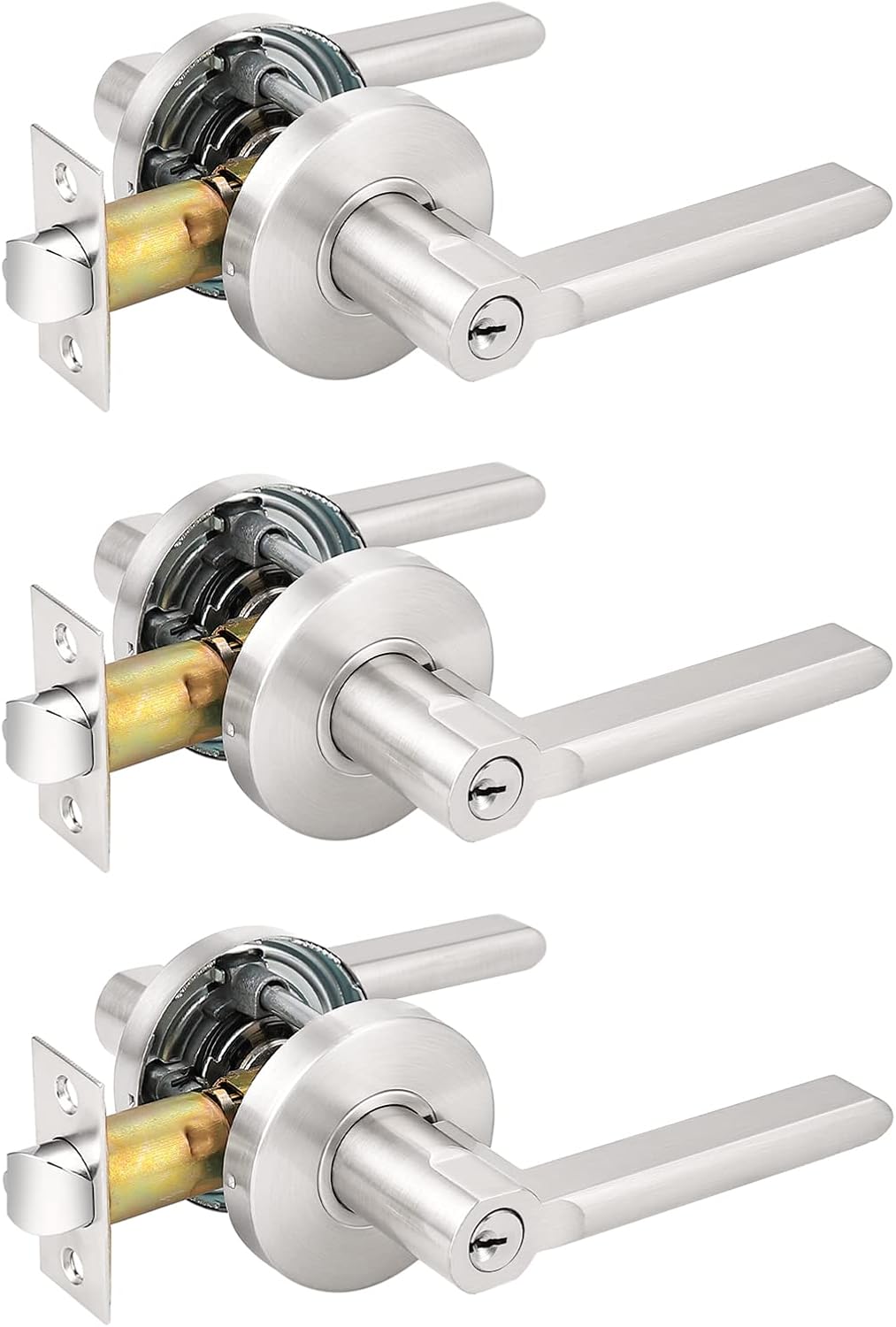 3 Pack Modern Satin Nickel Keyed Entry Door Levers with Lock and Key - Interior Handles for Bedroom, Bathroom, Front Entrance - Keyed Alike Lockset by Probrico