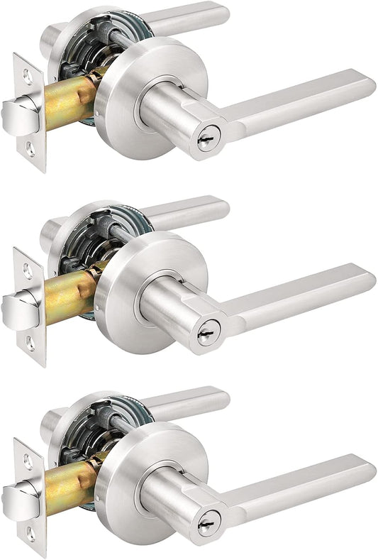 3 Pack Modern Satin Nickel Keyed Entry Door Levers with Lock and Key - Interior Handles for Bedroom, Bathroom, Front Entrance - Keyed Alike Lockset by Probrico