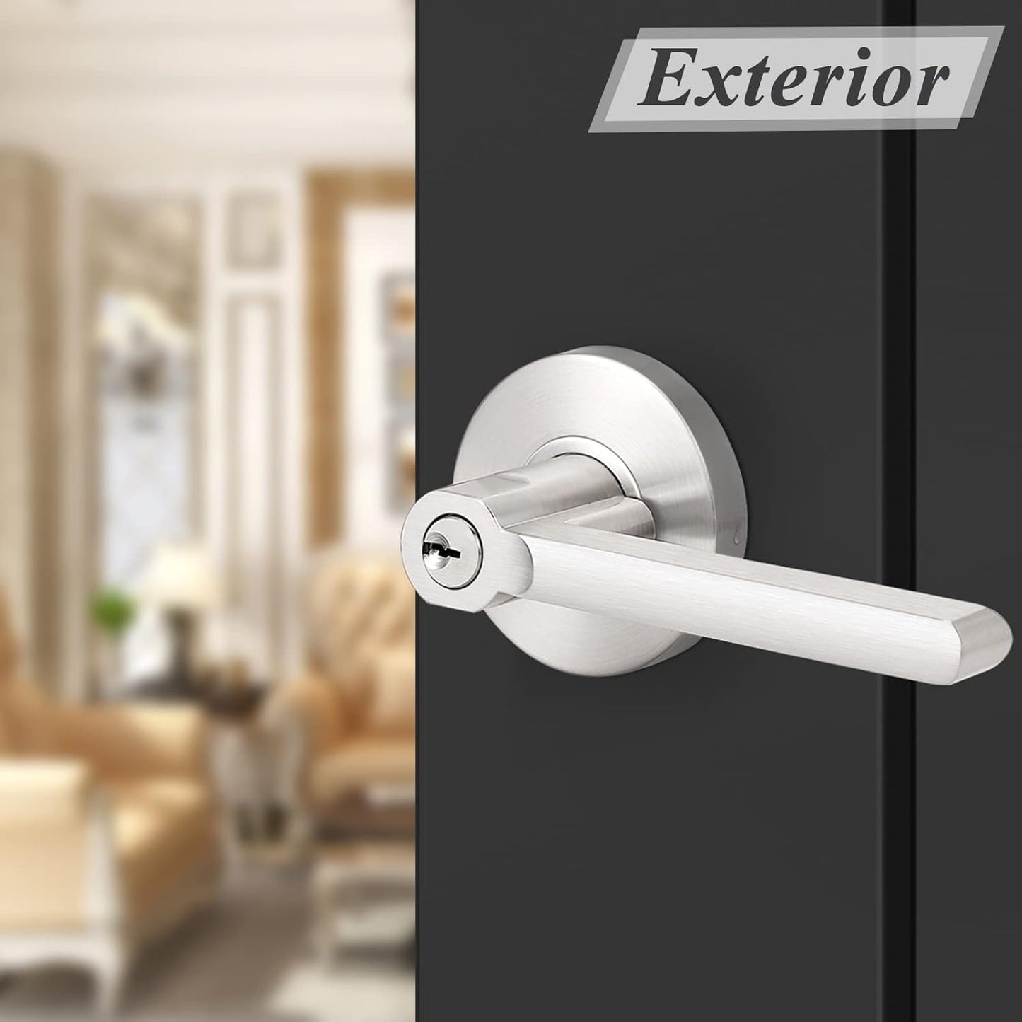 3 Pack Modern Satin Nickel Keyed Entry Door Levers with Lock and Key - Interior Handles for Bedroom, Bathroom, Front Entrance - Keyed Alike Lockset by Probrico