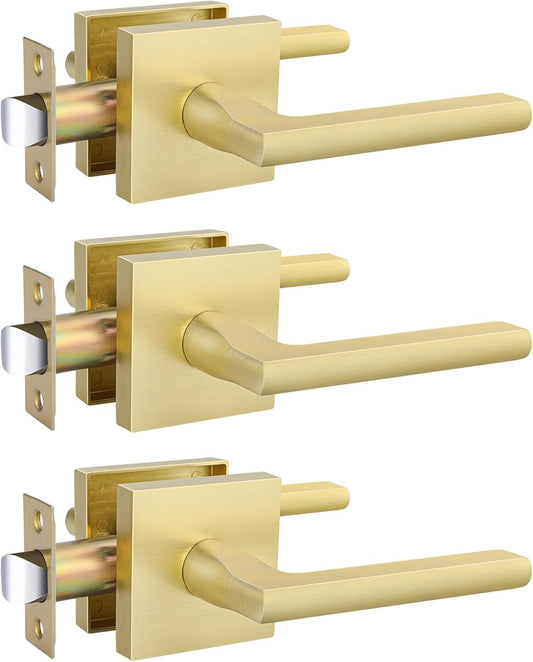 3 Pack of goldenwarm Gold Passage Door Handles for Hallways and Closets - Zinc Alloy Brushed Gold Closet Door Levers with Brushed Brass Finish