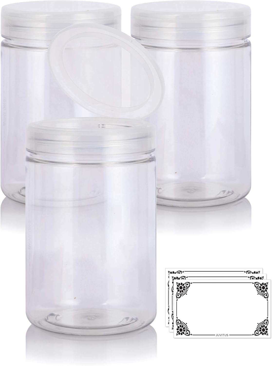 3 Pack of JUVITUS 25 oz BPA Free PET Plastic Refillable Jars with Flip Top Caps and Labels