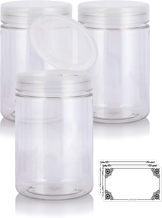 3 Pack of JUVITUS 25 oz BPA Free PET Plastic Refillable Jars with Flip Top Caps and Labels