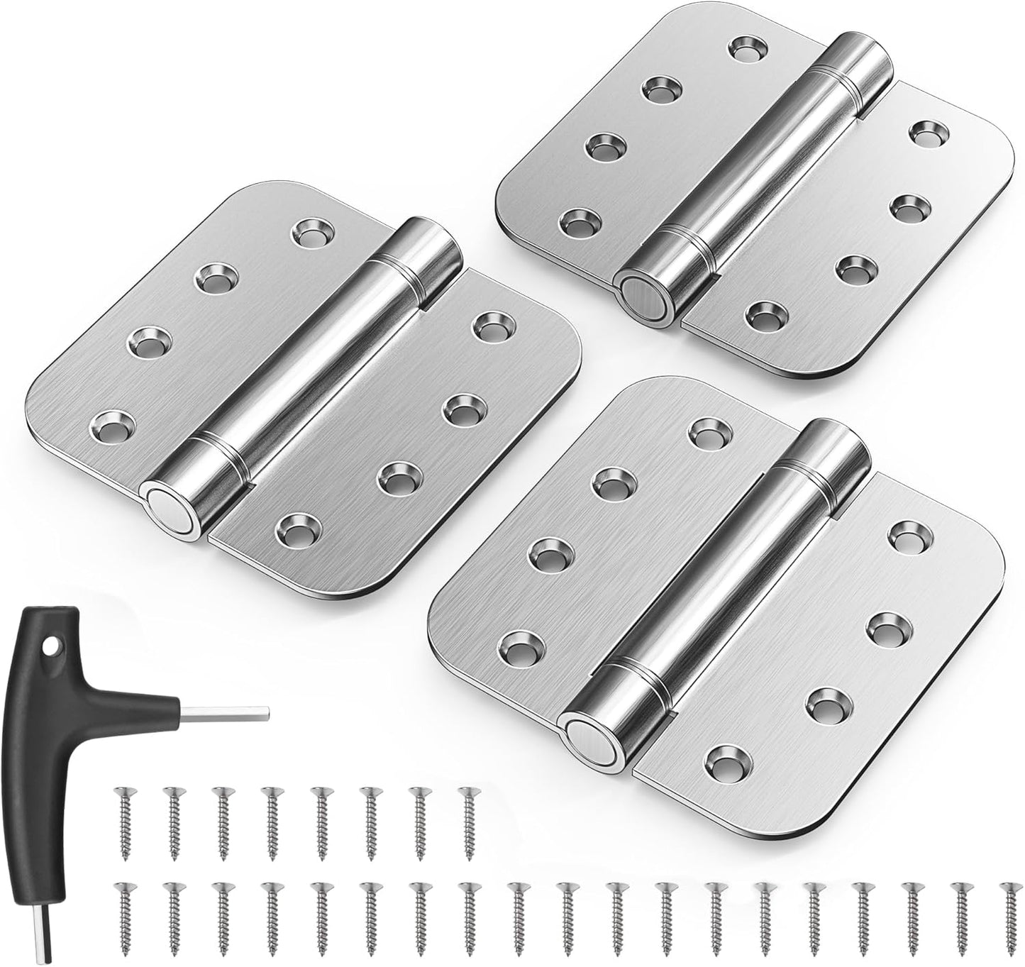 3 Pack of KOLET 4x4 Self Closing Door Hinges with Auto Close, 5/8" Radius Corners, Heavy Duty Stainless Steel, Brushed Nickel - Long Lasting