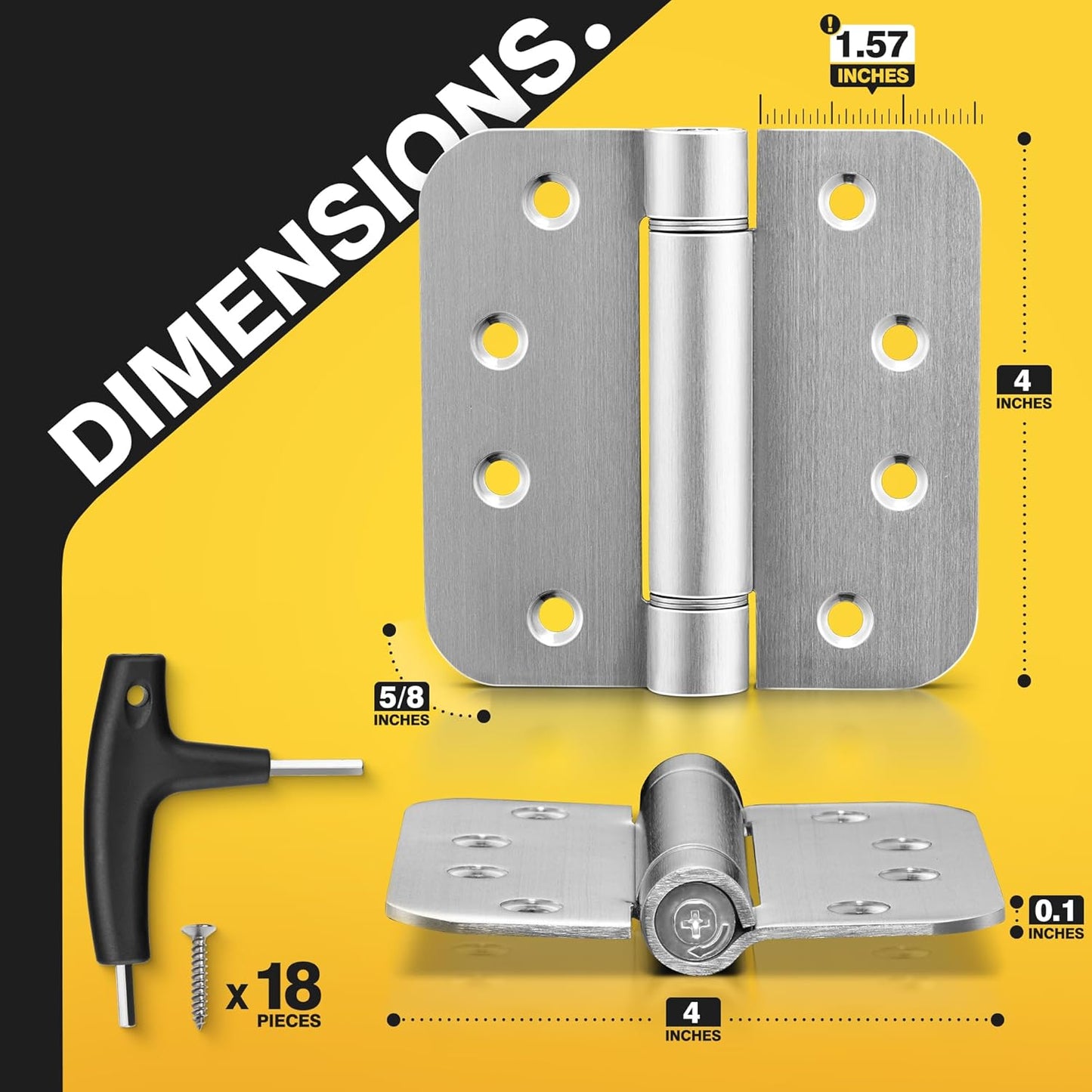 3 Pack of KOLET 4x4 Self Closing Door Hinges with Auto Close, 5/8" Radius Corners, Heavy Duty Stainless Steel, Brushed Nickel - Long Lasting