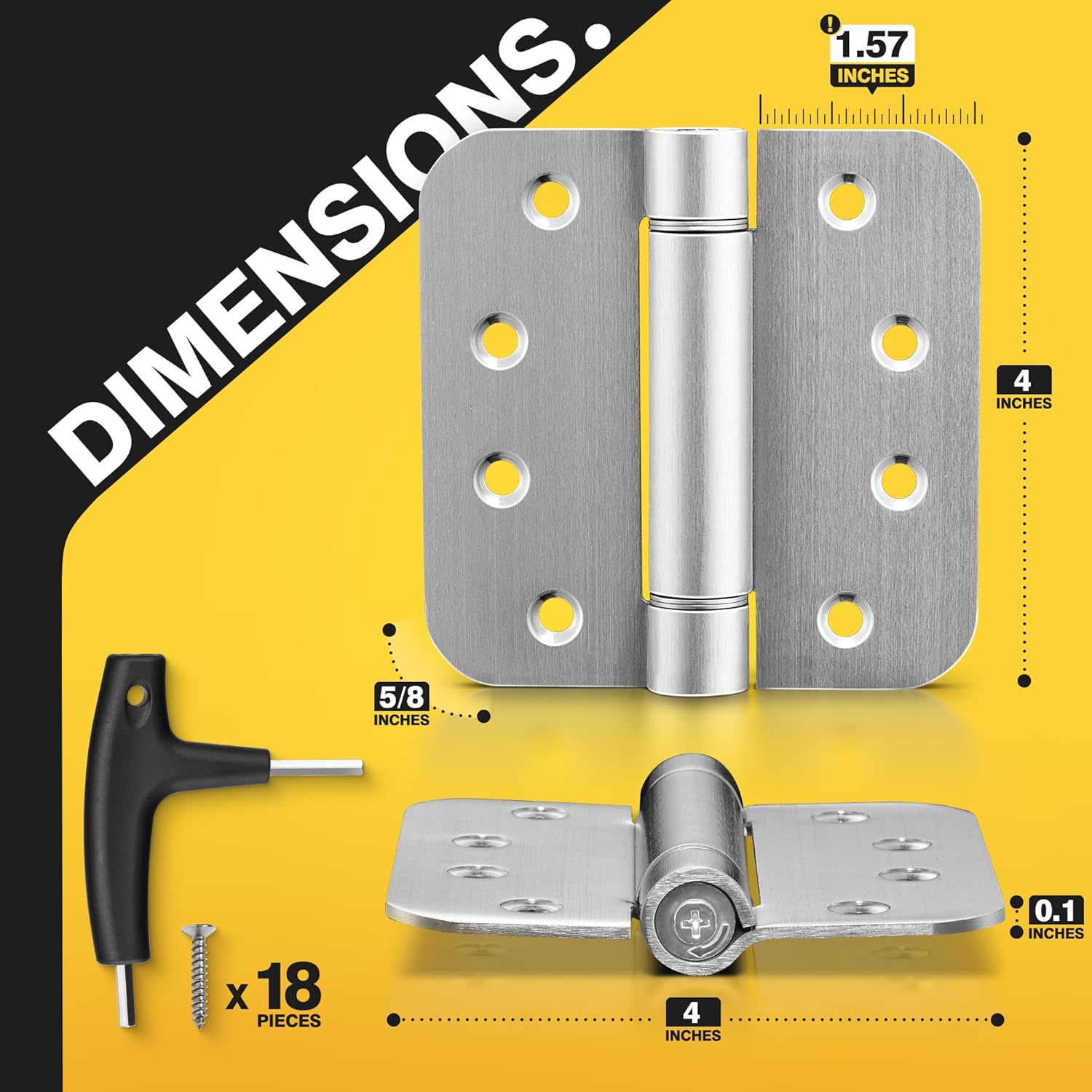 3 Pack of KOLET 4x4 Self Closing Door Hinges with Auto Close, 5/8" Radius Corners, Heavy Duty Stainless Steel, Brushed Nickel - Long Lasting