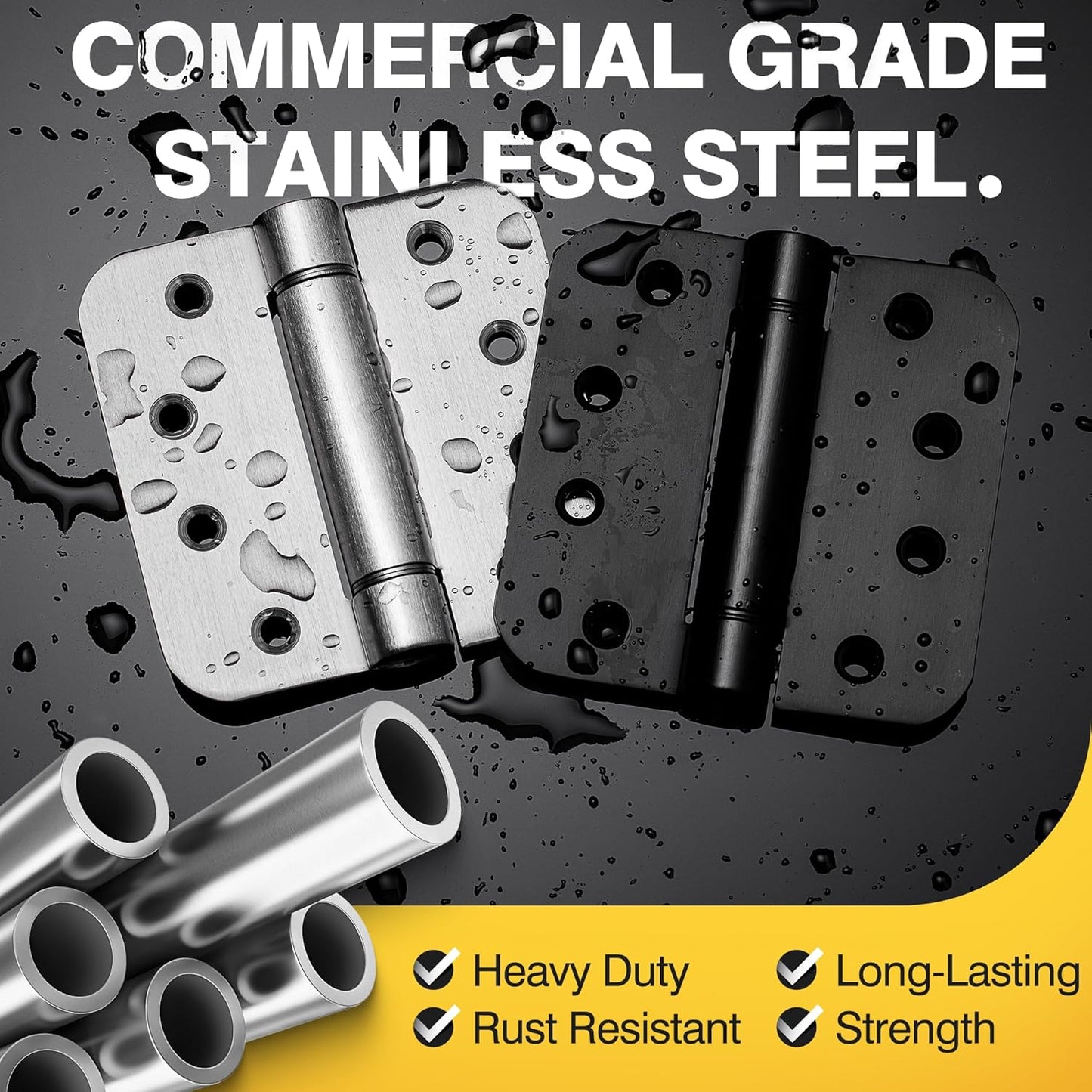 3 Pack of KOLET 4x4 Self Closing Door Hinges with Auto Close, 5/8" Radius Corners, Heavy Duty Stainless Steel, Brushed Nickel - Long Lasting