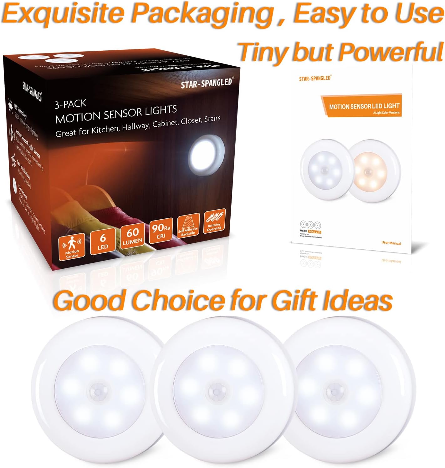 3 Pack of Star-Spangled 2.8” Motion Sensor LED Lights for Stairs, Under Cabinet, Closet - Battery Operated Cool White Puck Light