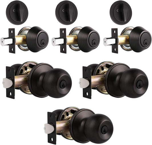 3 Pack Oil Rubbed Bronze Exterior Deadbolt and Door Knob Set with Single Cylinder Deadbolt - Keyed Alike Entry Door Lockset