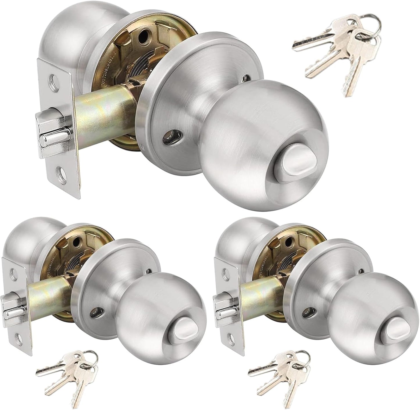 3 Pack Stainless Ball Door Knobs with Lock and Key - Round Ball Entry Lock Interior/Exterior Door Knob for Bedroom/Bathroom by UONIKA
