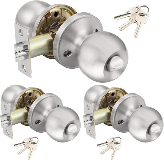 3 Pack Stainless Ball Door Knobs with Lock and Key - Round Ball Entry Lock Interior/Exterior Door Knob for Bedroom/Bathroom by UONIKA