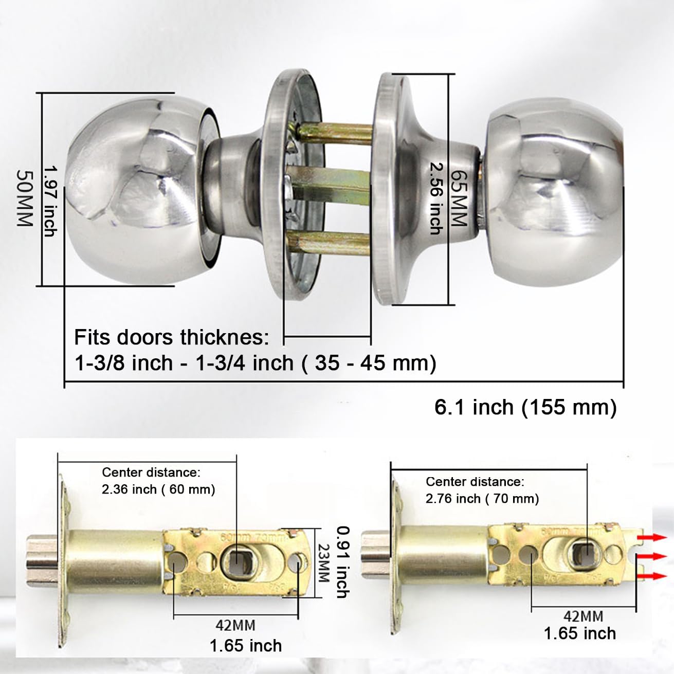 3 Pack Stainless Ball Door Knobs with Lock and Key - Round Ball Entry Lock Interior/Exterior Door Knob for Bedroom/Bathroom by UONIKA
