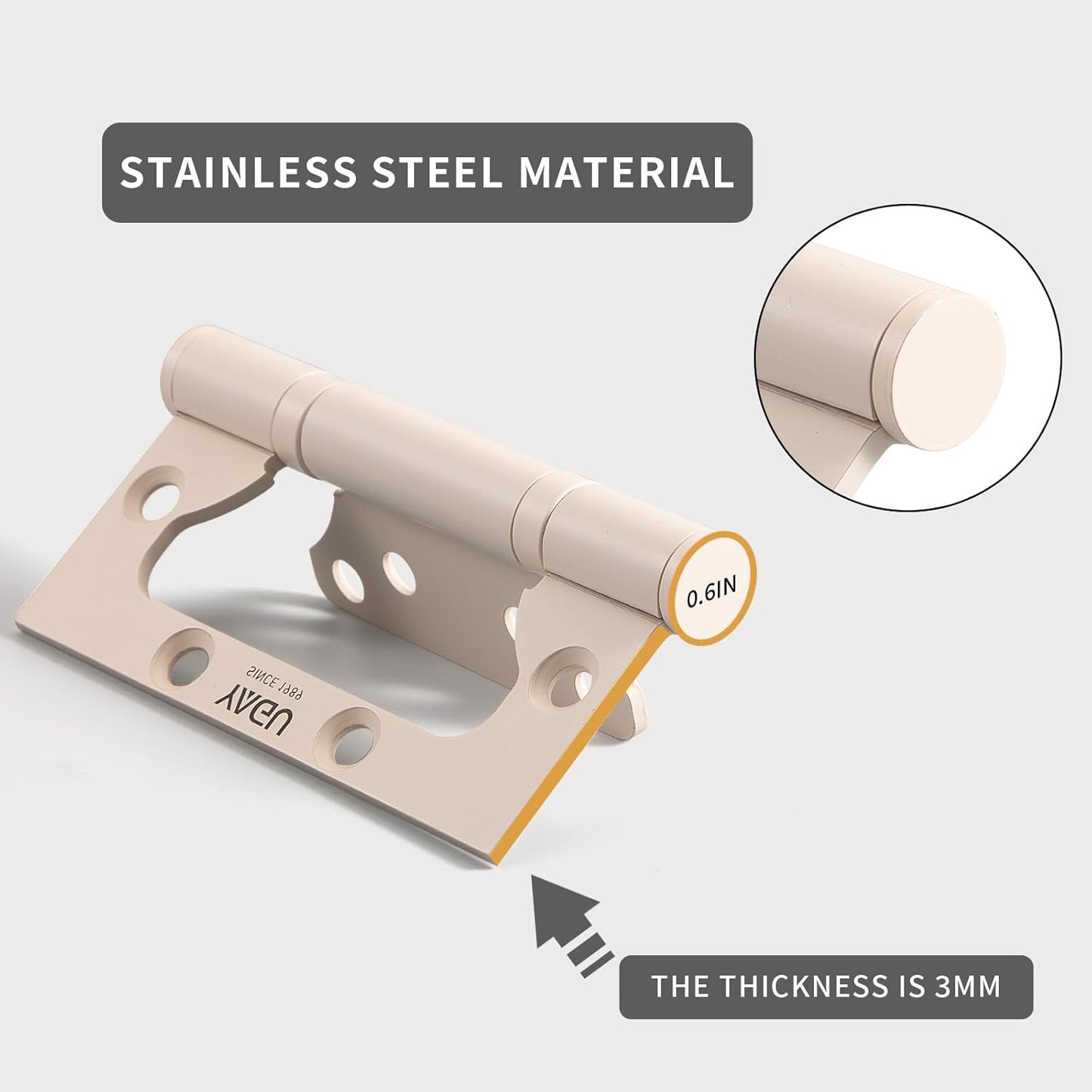 3 Pack Stainless Steel Non-Mortise Door Hinges - 4" x 3" - Easy Install, Heavy Duty, Square Corners - Beige