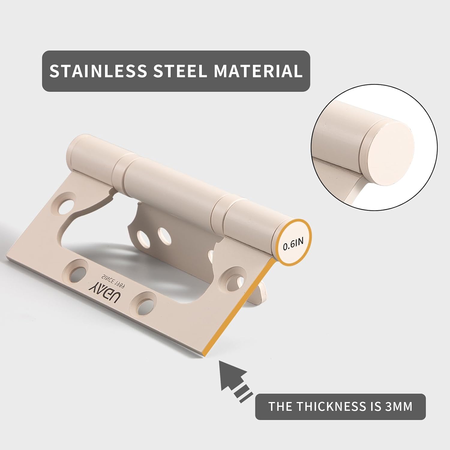 3 Pack Stainless Steel Non-Mortise Door Hinges - 4" x 3" - Easy Install, Heavy Duty, Square Corners - Beige