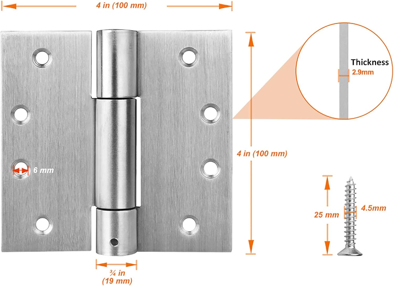 3 Pack Stainless Steel Self Closing Door Hinges with Adjustable Tension Spring - 4" x 4" Dimensions