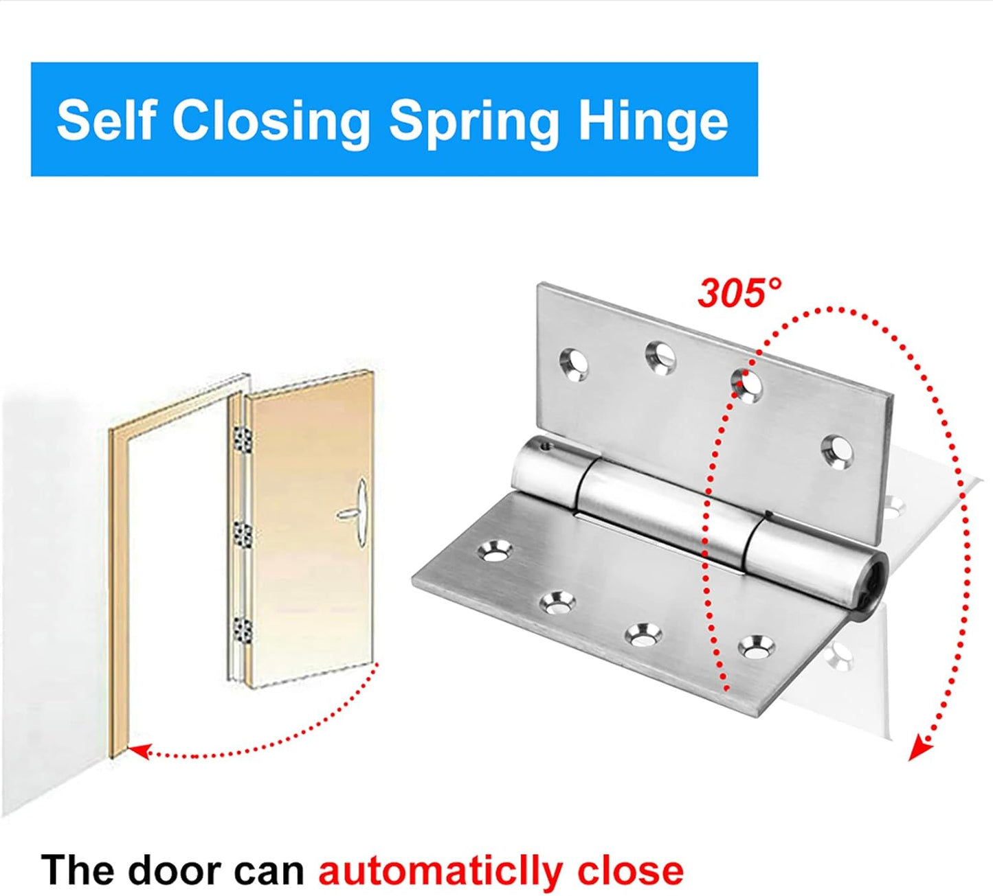 3 Pack Stainless Steel Self Closing Door Hinges with Adjustable Tension Spring - 4" x 4" Dimensions