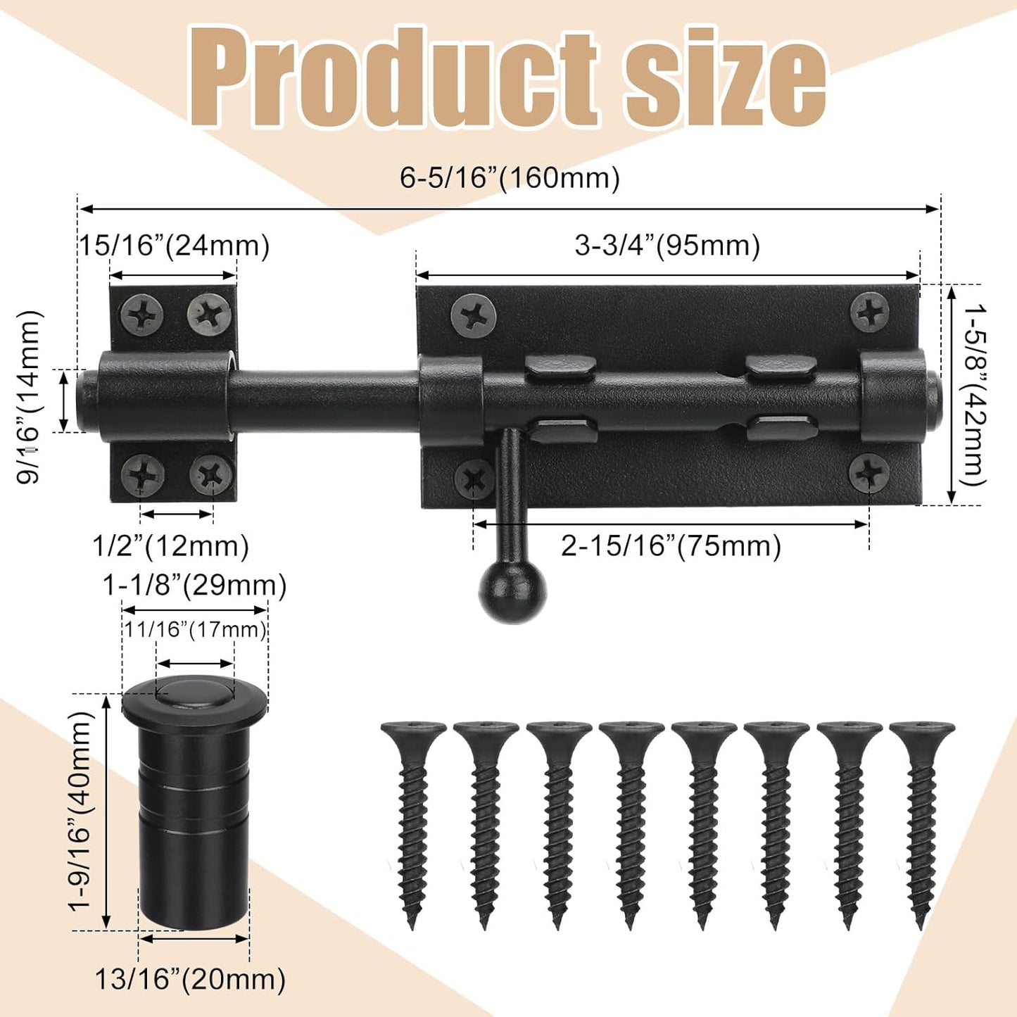 3-Pack Tandefio 6.3 Inch Slide Bolt Gate Latch with Padlock Hole - Heavy Duty 304 Stainless Steel Barrel Bolt for Barn, Fence, Shed, Yard - Black