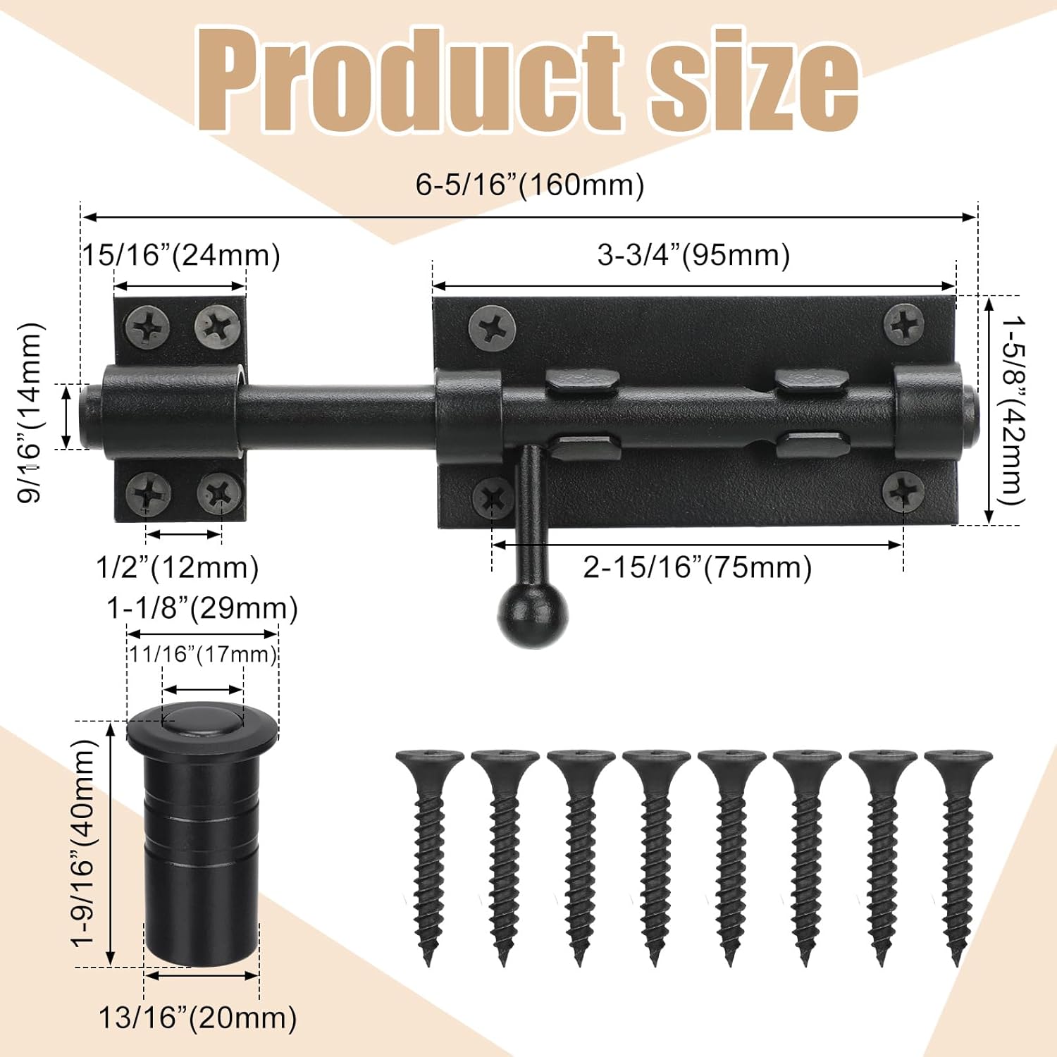 3-Pack Tandefio 6.3 Inch Slide Bolt Gate Latch with Padlock Hole - Heavy Duty 304 Stainless Steel Barrel Bolt for Barn, Fence, Shed, Yard - Black