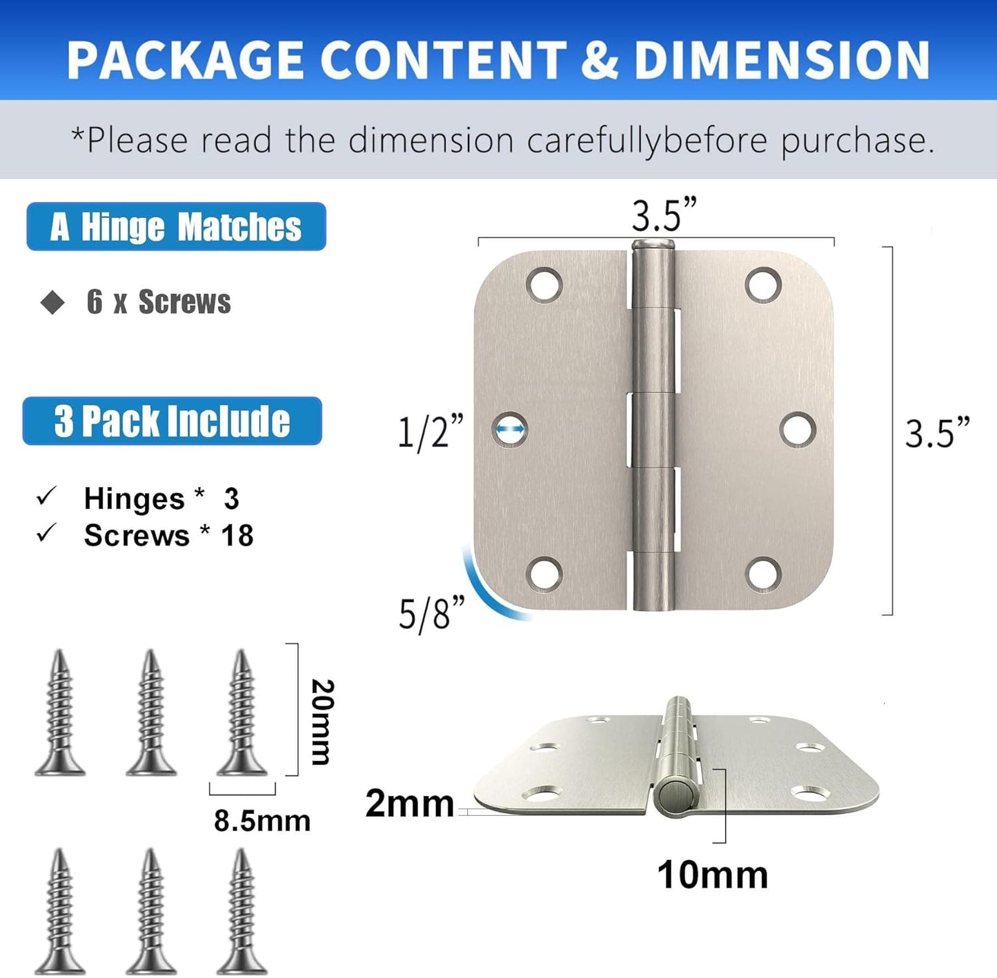 3 Pack YIKOUJIS Brushed Nickel Door Hinges - 3.5 Inch with 5/8" Radius - Satin Nickel Finish - Fits Standard Doors