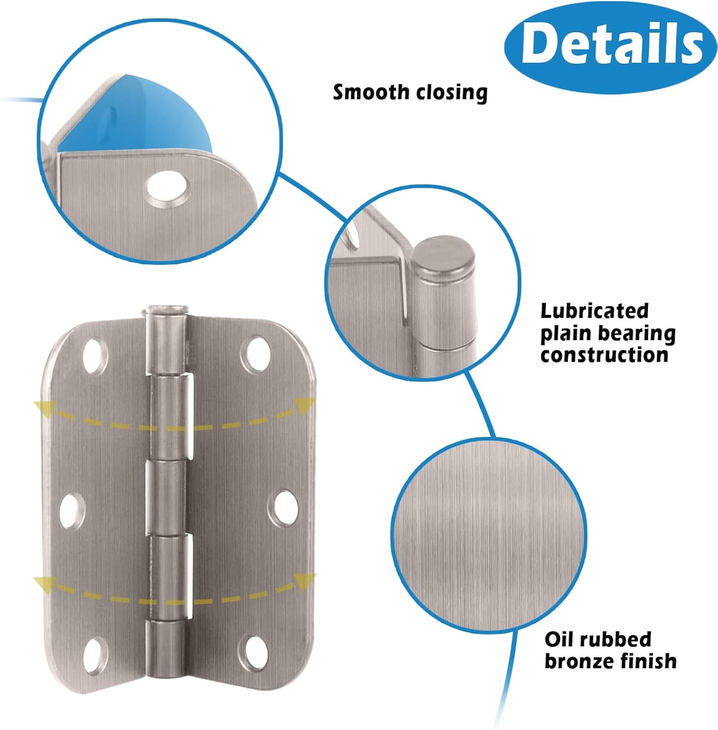 3 Pack YIKOUJIS Brushed Nickel Door Hinges - 3.5 Inch with 5/8" Radius - Satin Nickel Finish - Fits Standard Doors