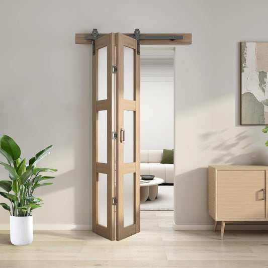 3-Panel Glass Barn Door Kit with Hardware Included - Bifold Sliding Barn Door for Bedroom, Living Room, Bathroom - Brown (36"x84")