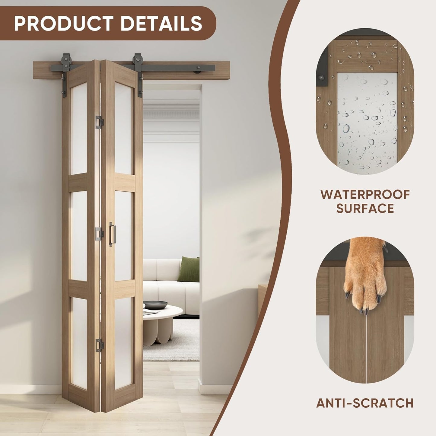 3-Panel Glass Barn Door Kit with Hardware Included - Bifold Sliding Barn Door for Bedroom, Living Room, Bathroom - Brown (36"x84")