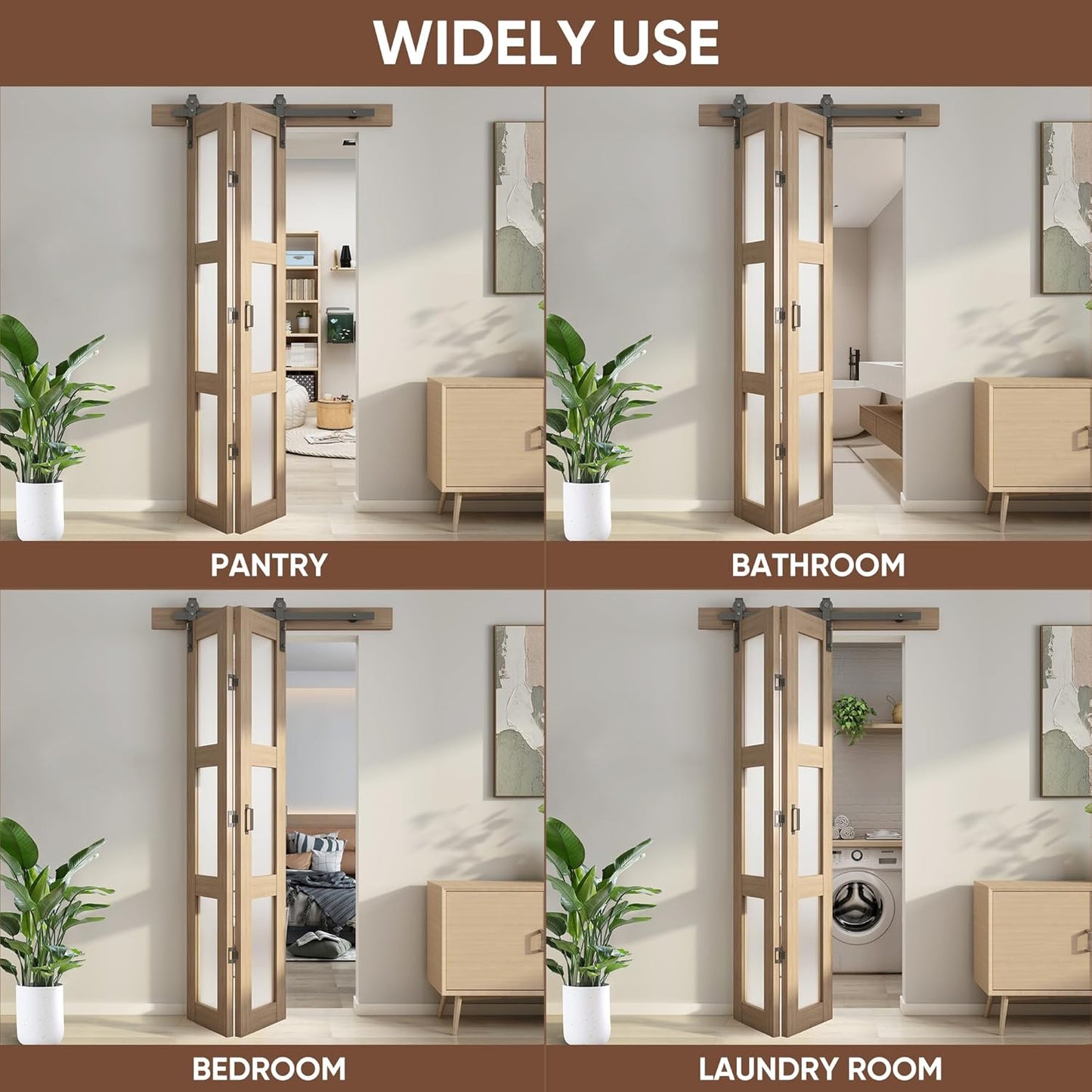 3-Panel Glass Barn Door Kit with Hardware Included - Bifold Sliding Barn Door for Bedroom, Living Room, Bathroom - Brown (36"x84")