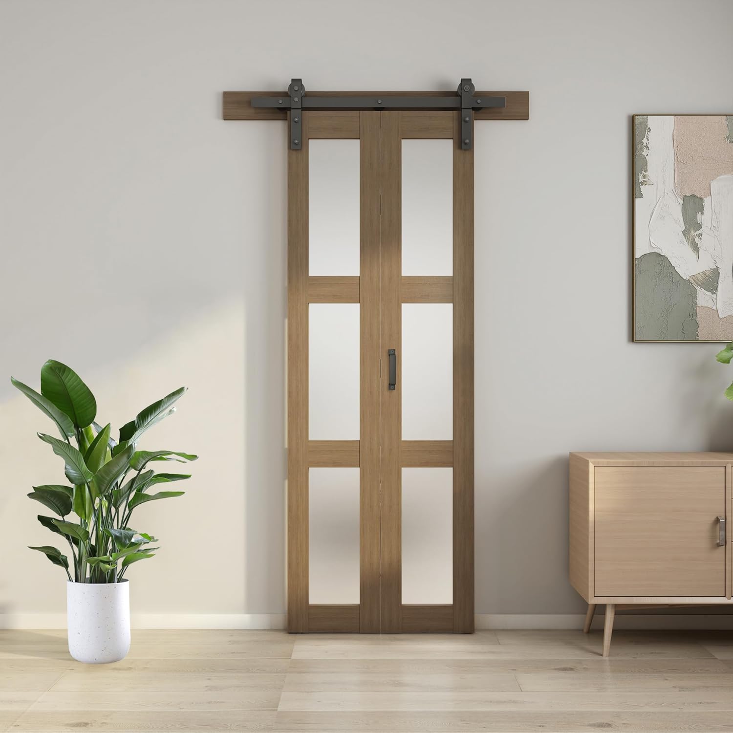 3-Panel Glass Barn Door Kit with Hardware Included - Bifold Sliding Barn Door for Bedroom, Living Room, Bathroom - Brown (36"x84")